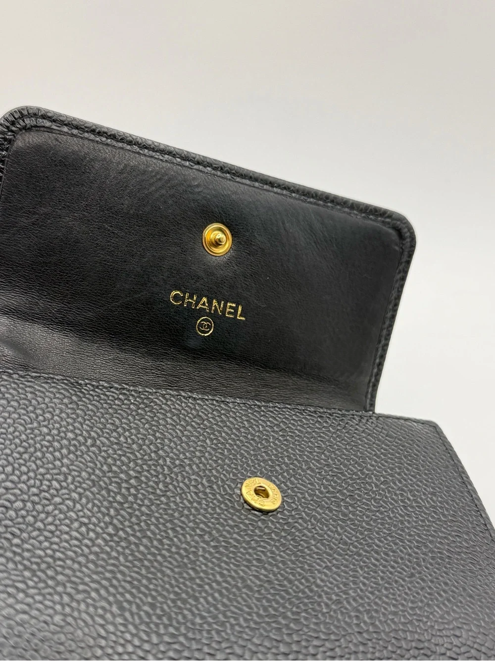 CHANEL Black Caviar Leather Compact Trifold Wallet